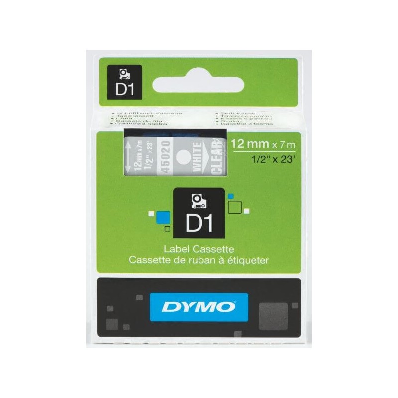 DYMO 45020 Ruban D1 Standard 12mmx7m Blanc sur Transparent