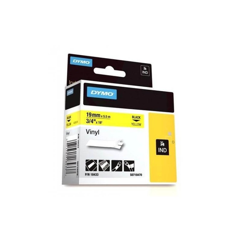 DYMO 18433 Rhino Ruban Vinyl Coloré Noir sur Jaune 19mm x 5.5m 